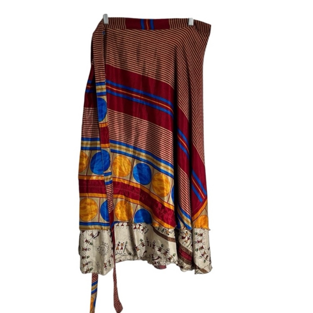 NWT Neutral Beige and Primary Colored Tea-length Wrap Sari Silk Skirt (14-32)